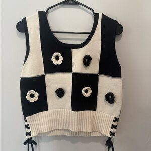 Black and White Floral Checkered Knit Vest